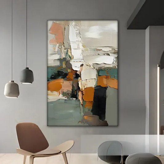 a large abstract painting hanging on a wall in a modern living room setting.