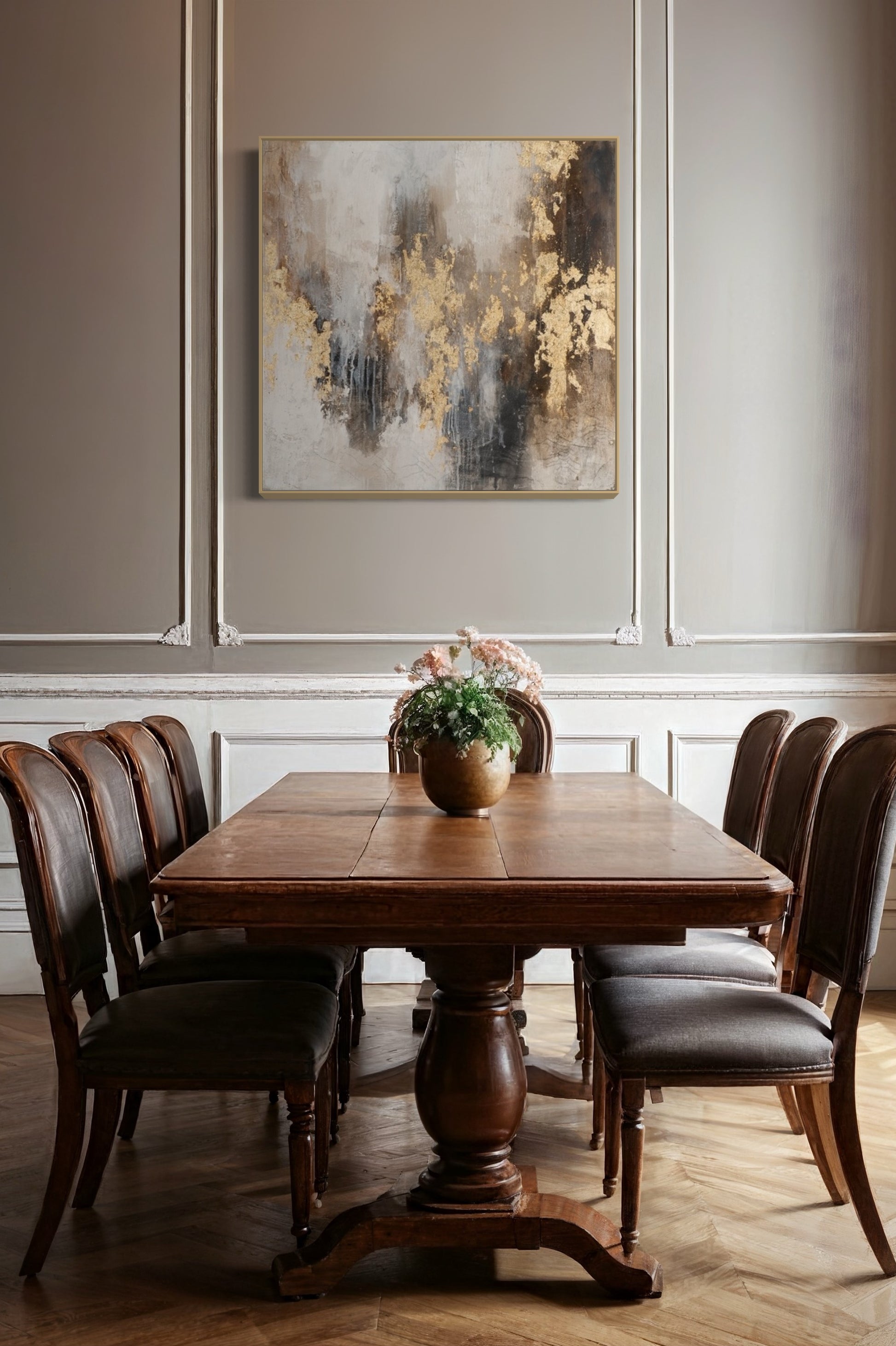 a wooden table with a vase of flowers on top of it