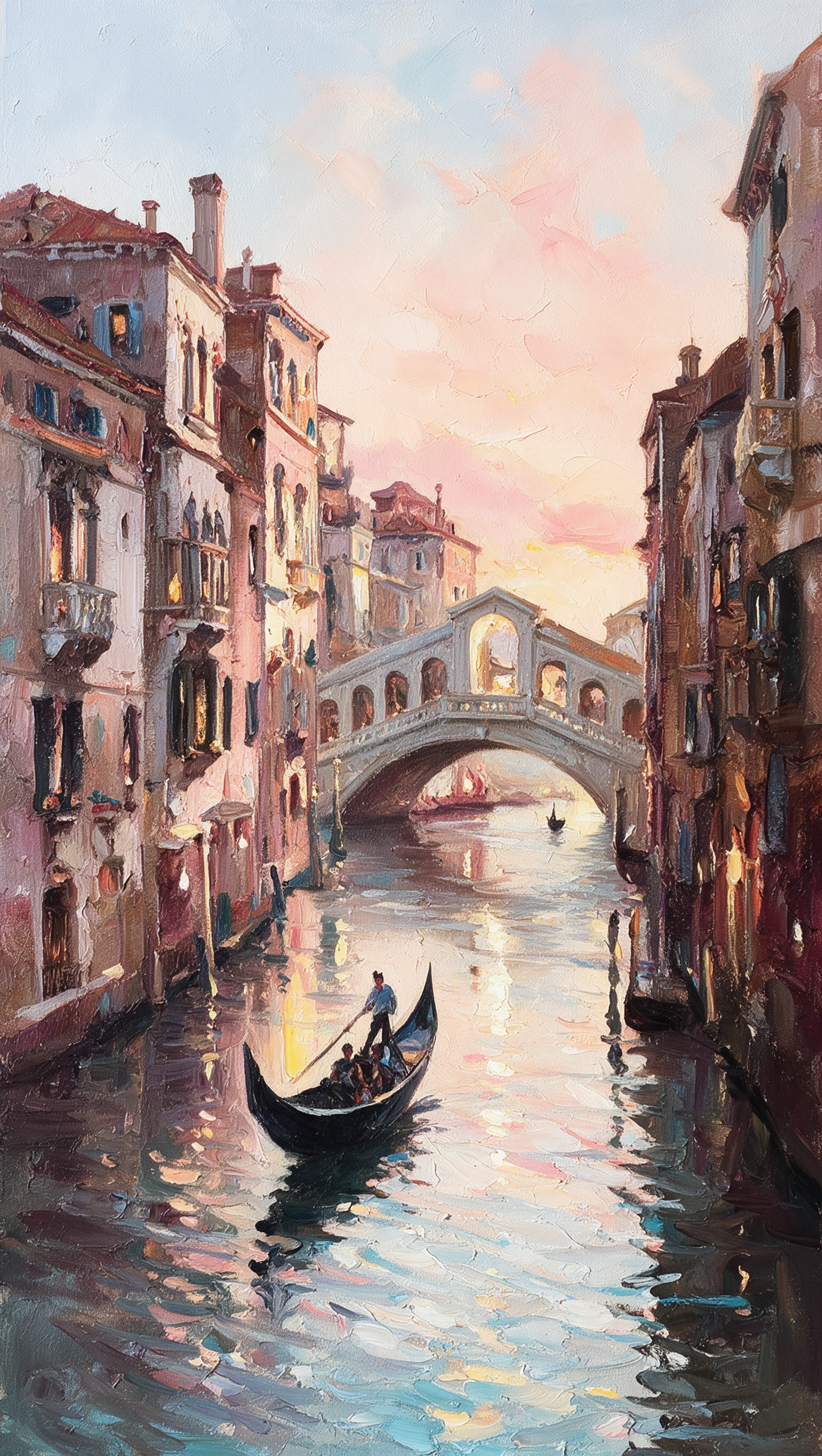 a picturesque scene of a gondola gliding through a canal in Venice, Italy, with the iconic Rialto Bridge arching over the water in the background. The sky is painted in warm hues of pink and orange, creating a serene atmosphere. The painting is a beautiful representation of the city's unique charm and the romantic allure of the canals.