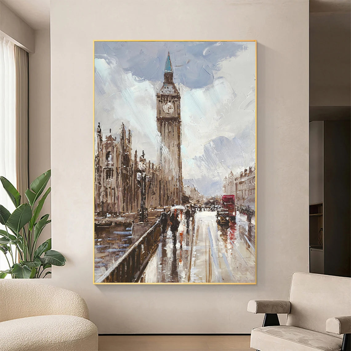 a painting of a city with a clock tower