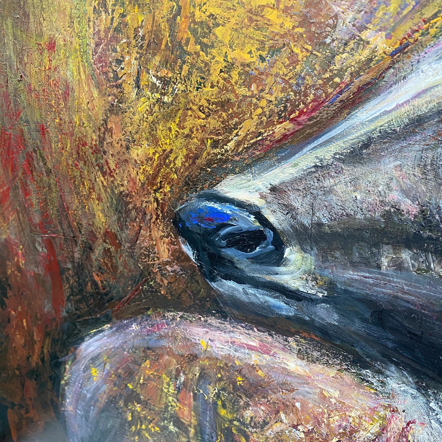 The image is an abstract painting with bold brushstrokes and a mix of warm and cool colors, creating a dynamic and energetic composition.