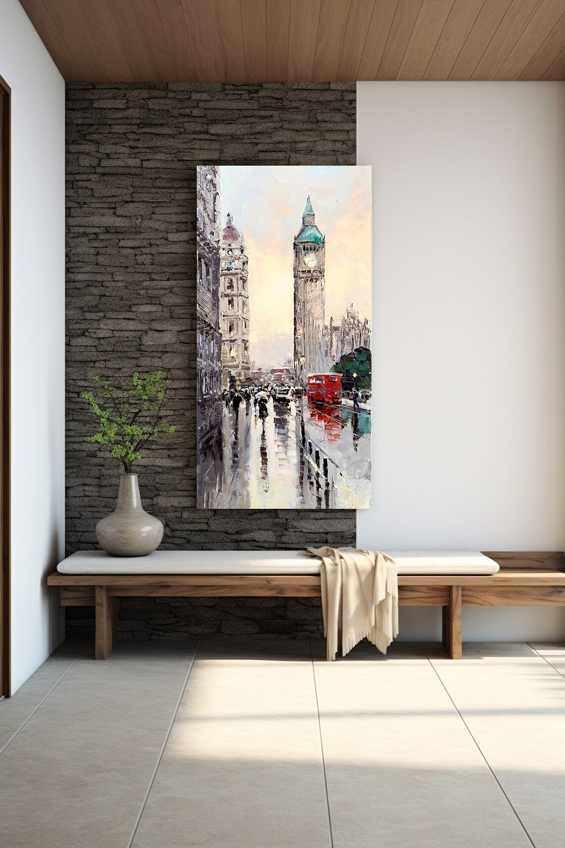 a painting of a city with a clock tower in the background