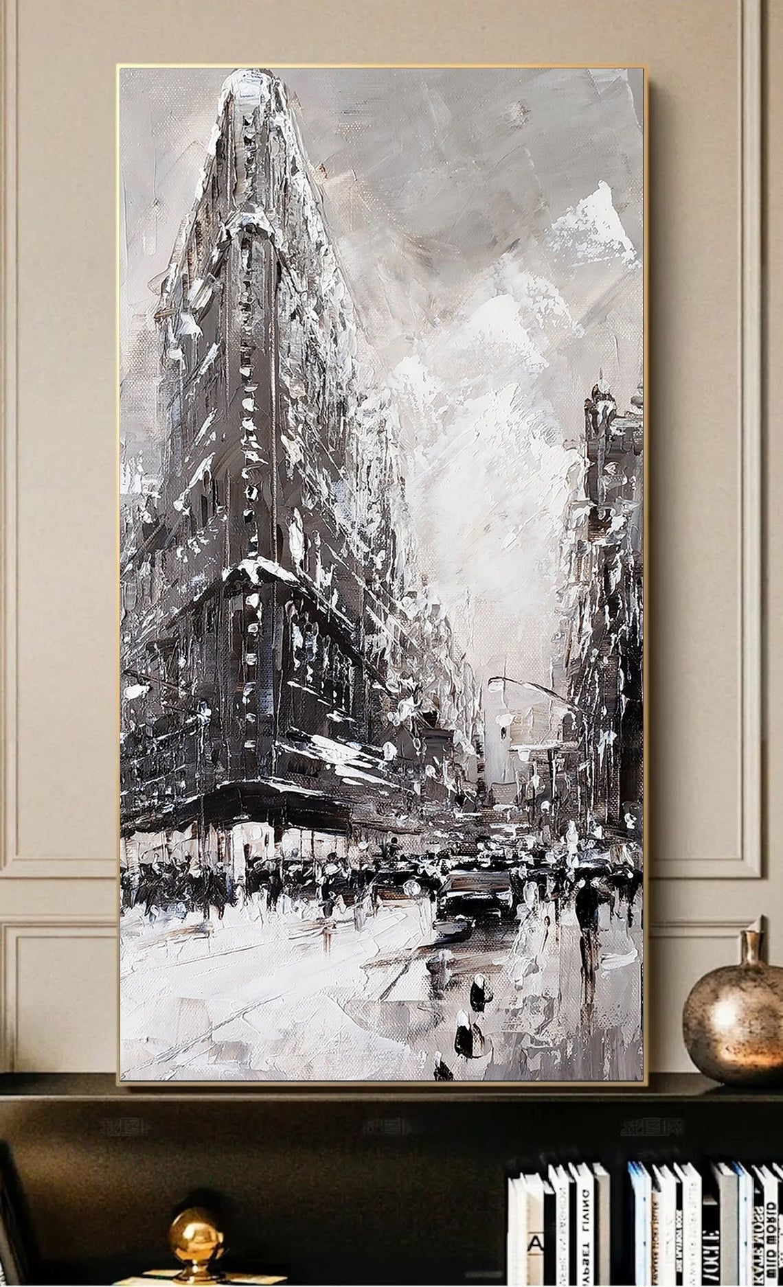 a painting of a city street with a building in the background