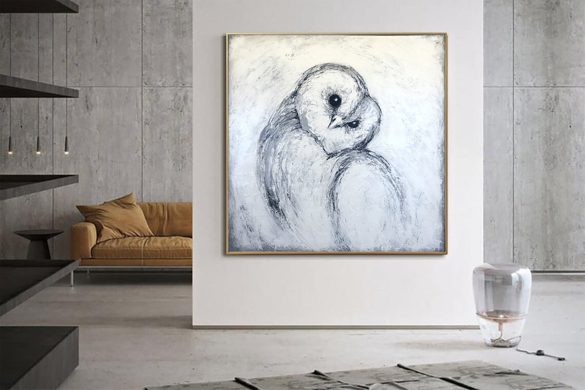 a drawing of an owl in a living room