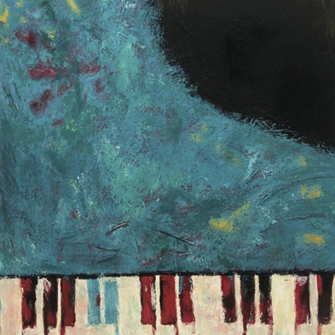 The image is an abstract painting featuring a piano keyboard in the foreground, with a dark background.