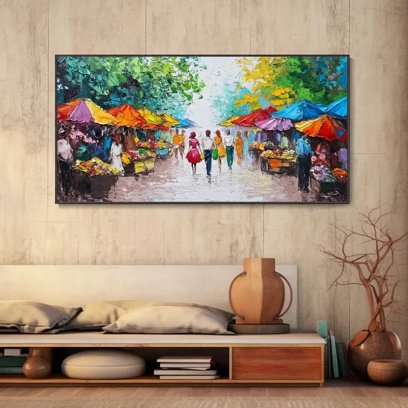a lively outdoor market scene with colorful umbrellas, people walking around, and various stalls selling goods.