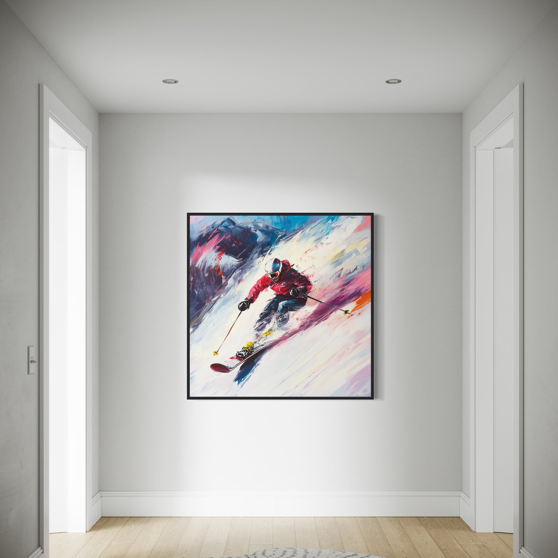 a painting of a skier is hanging on the wall