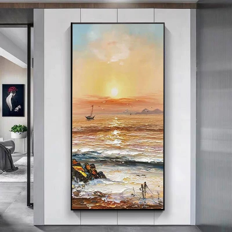 a painting of a sunset over the ocean