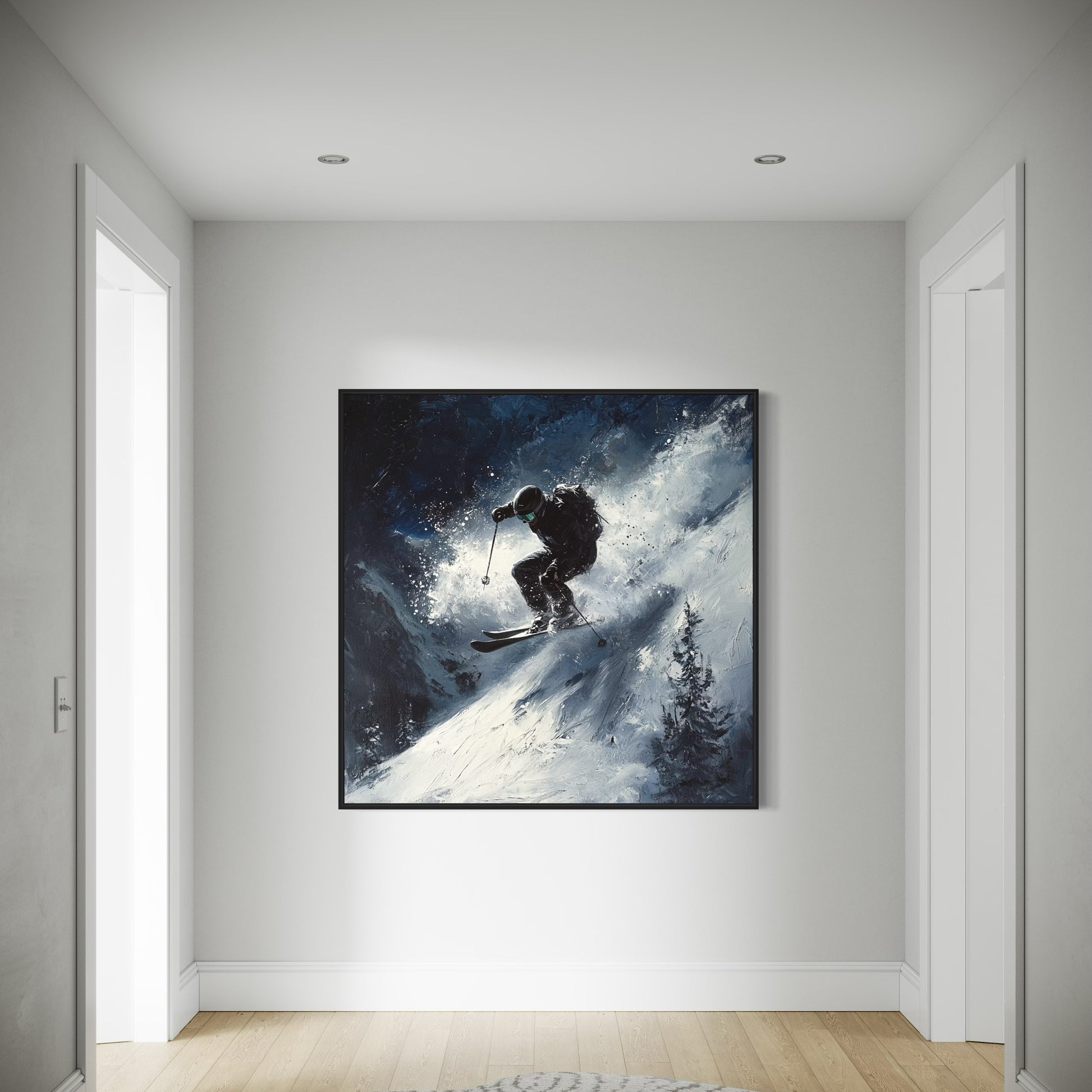 a painting of a skier on a snowy mountain