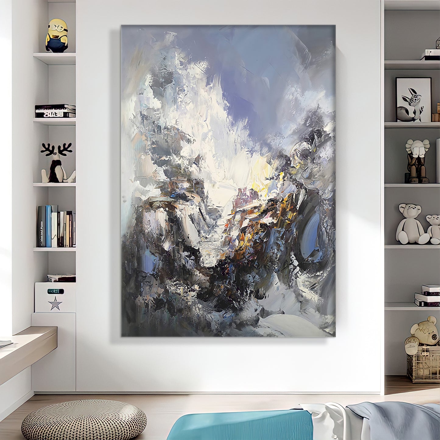 a large painting hanging on a wall in a room