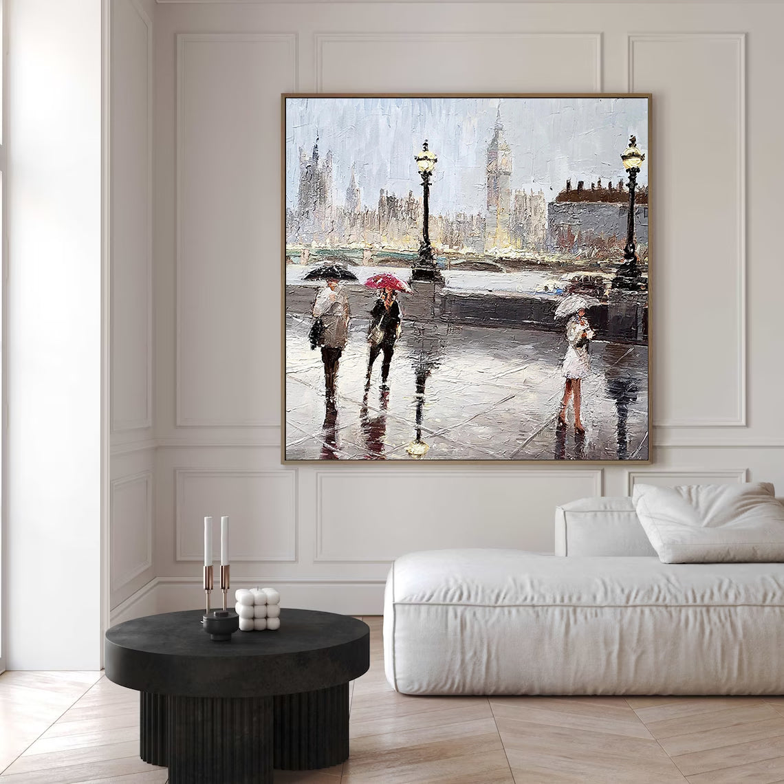 a painting of people walking in the rain with umbrellas