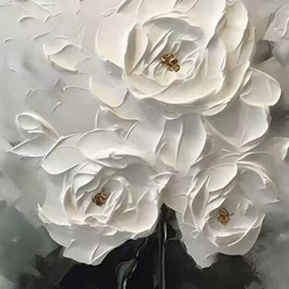 three large white flowers with gold centers, arranged in a close-up view.