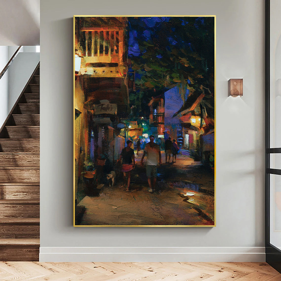 a painting of people walking down a street at night