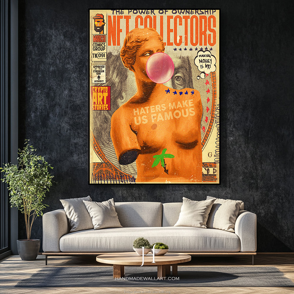 a living room with a couch and a painting on the wall
