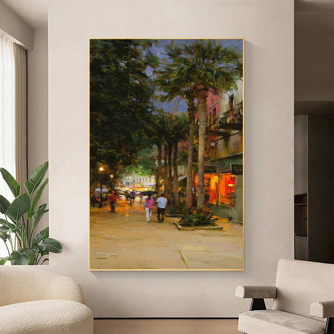 a painting of people walking down a street