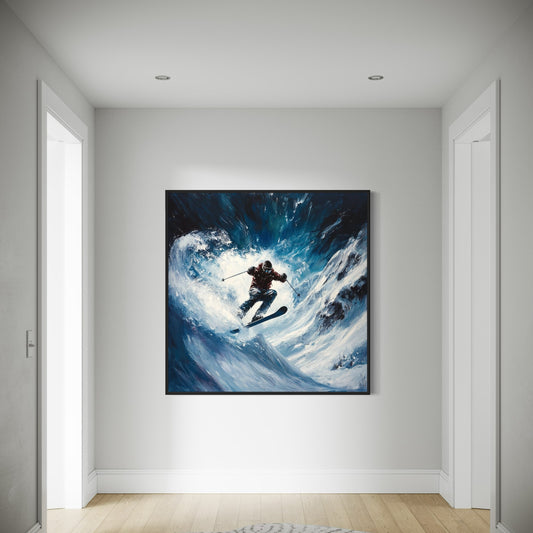 a painting of a man skiing on a wave