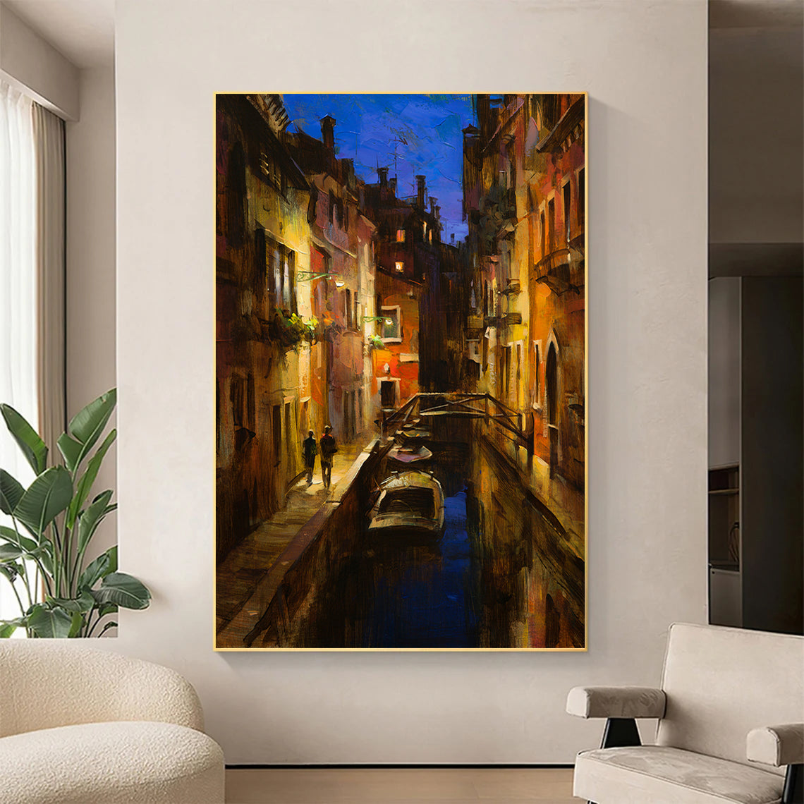 a painting of a city street at night