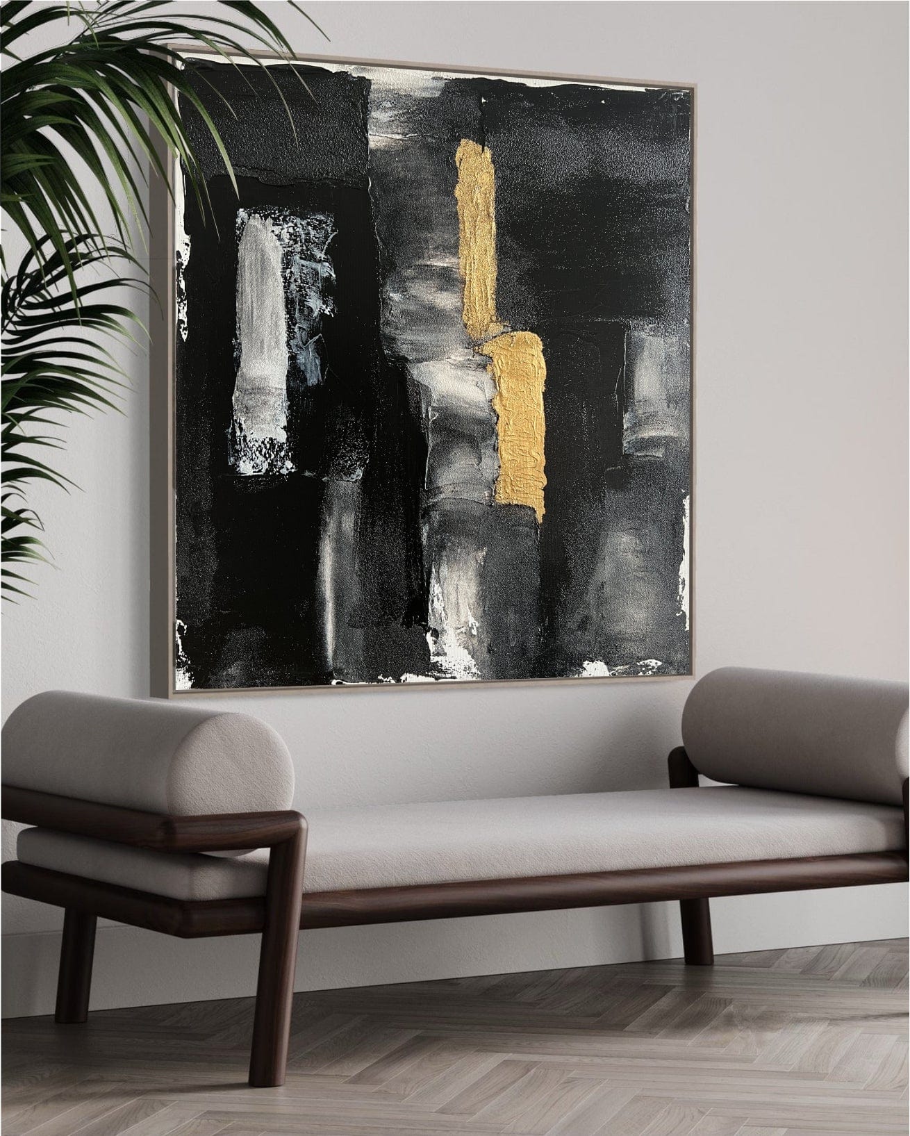 a painting hanging on a wall next to a couch