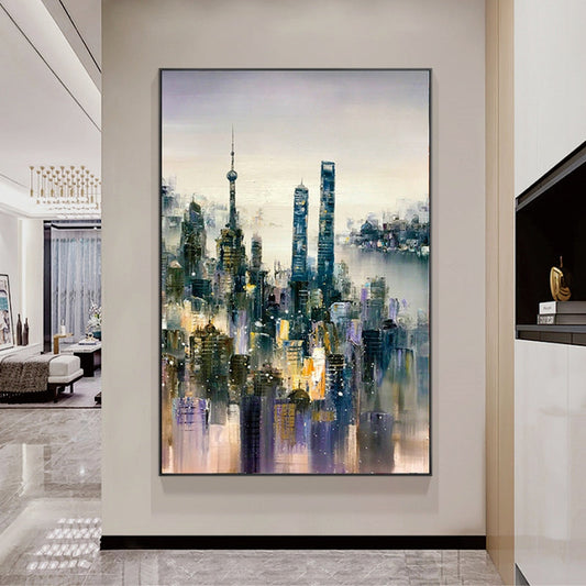 a painting of a cityscape is hanging on a wall