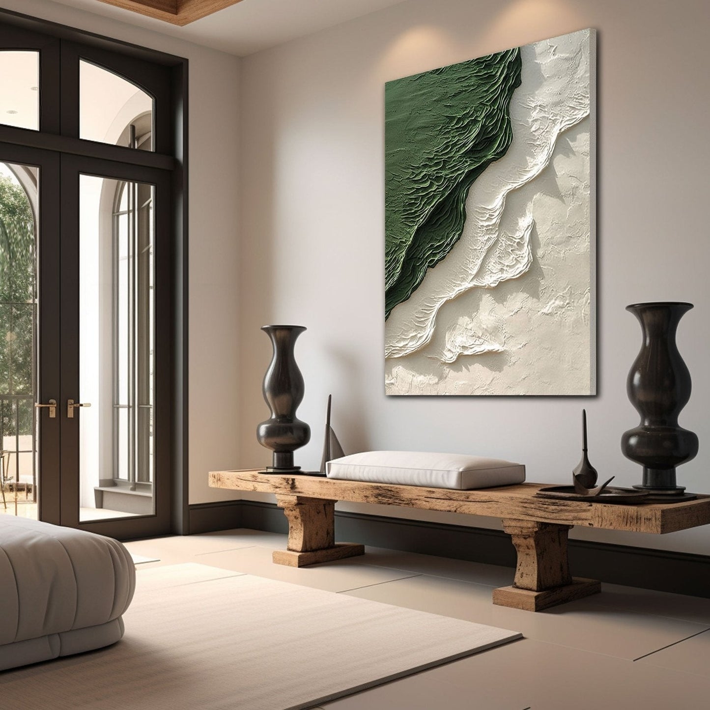 a modern living room with a large wooden bench, two black vases, and a large abstract painting on the wall.