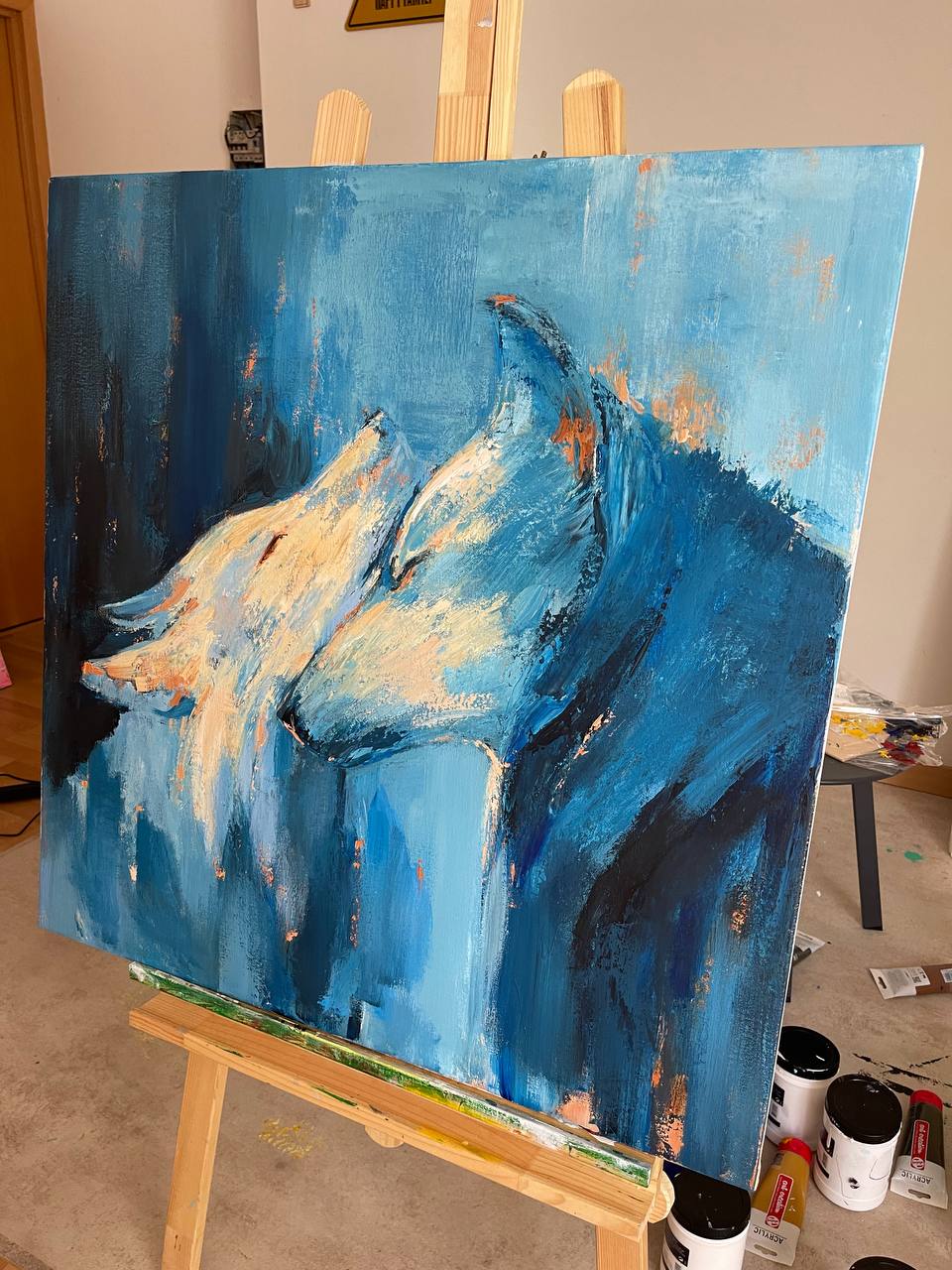 a painting of a white wolf on a blue background