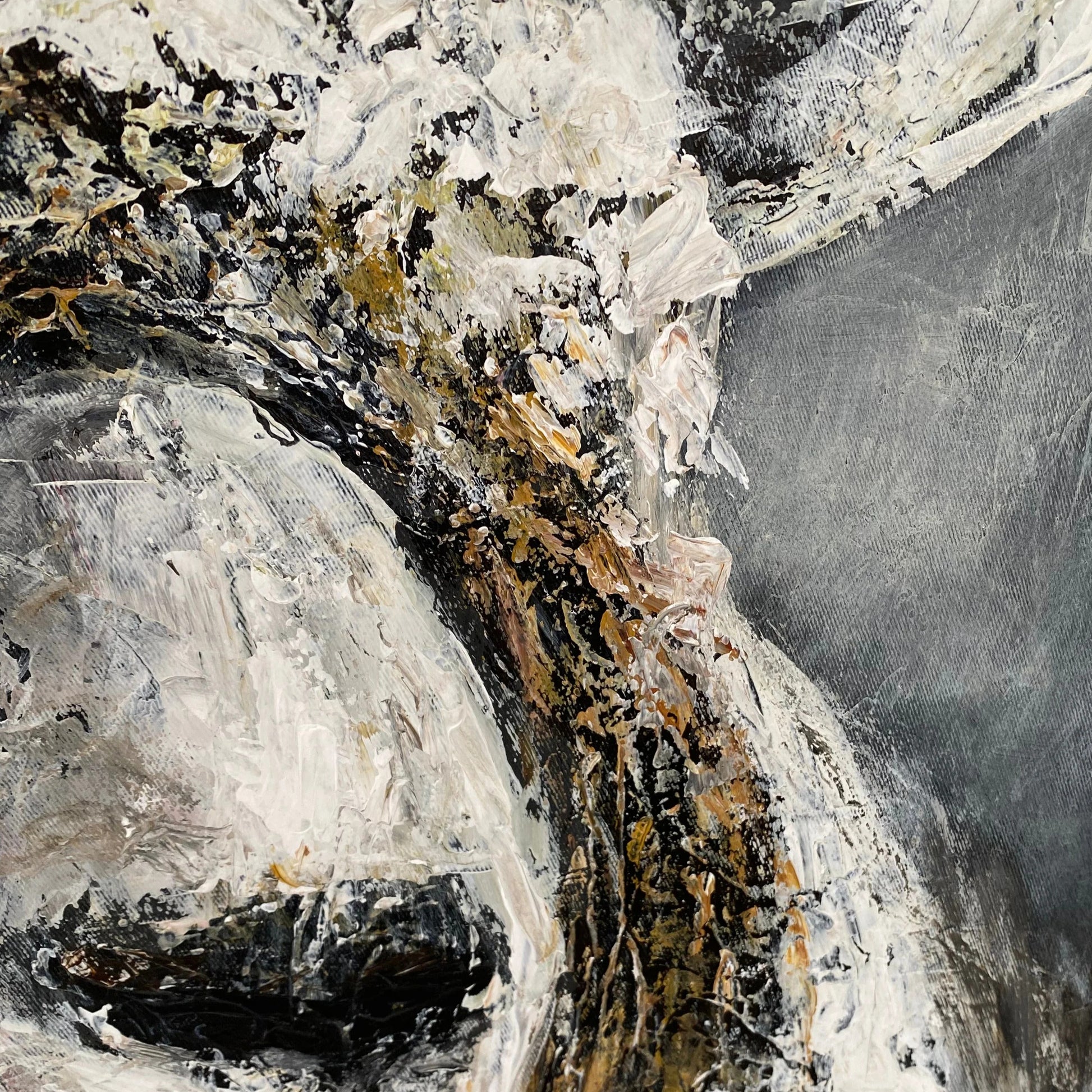 The image is an abstract painting with a mix of white, black, and brown colors. The painting appears to be a close-up of a face, with intricate details and textures.