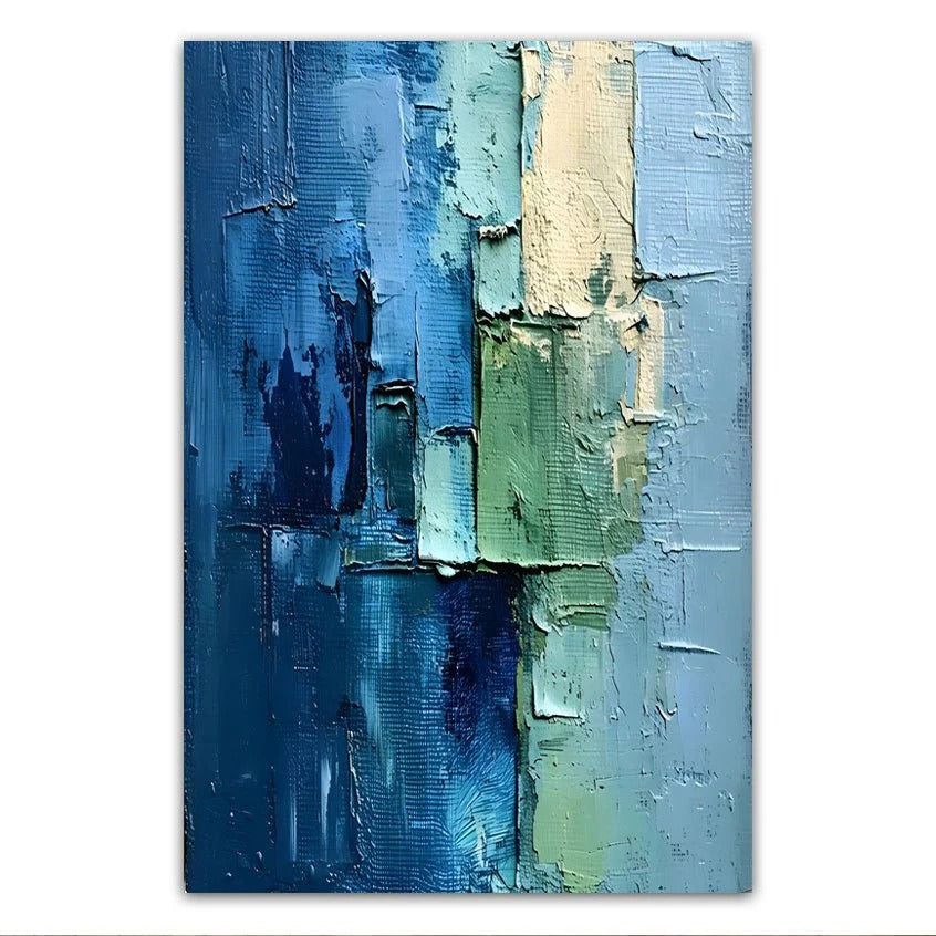 The image is an abstract painting with a textured surface in various shades of blue, green, and yellow. The painting features a mix of vertical and horizontal brushstrokes, creating a dynamic and visually interesting composition.