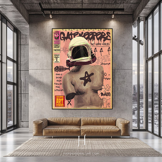 a living room with a couch and a painting on the wall