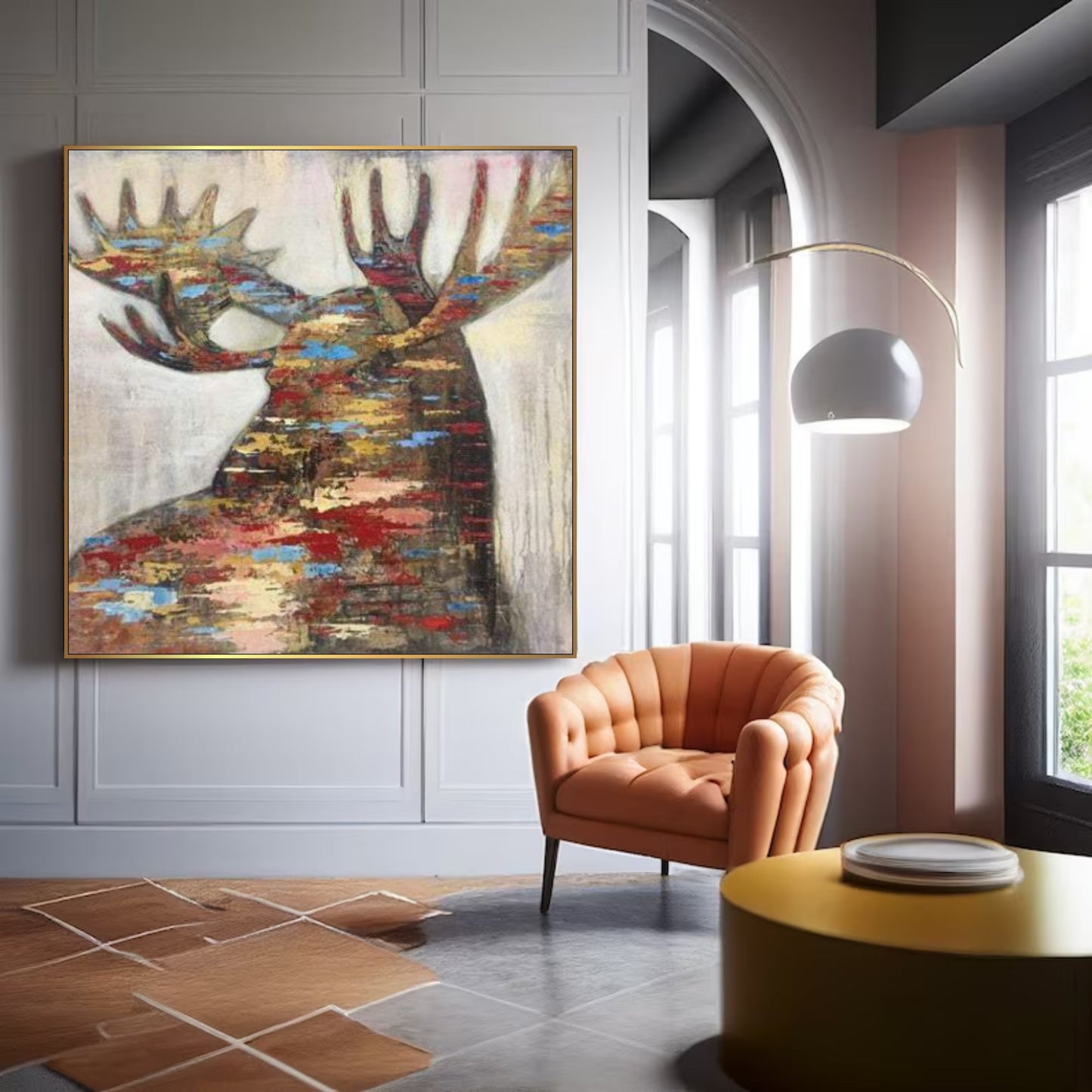 a living room with a chair and a painting on the wall