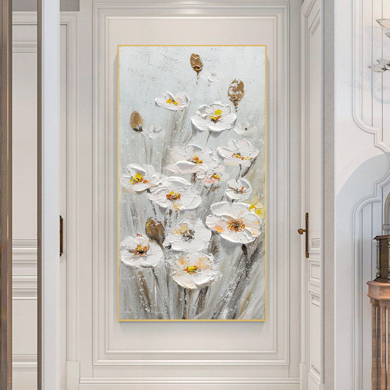 a painting of white flowers on a white wall