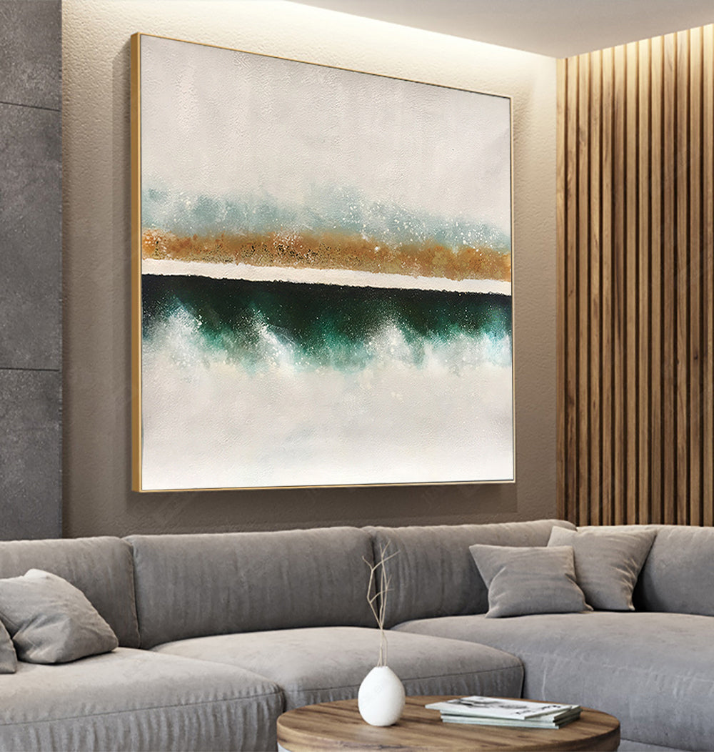 a living room with a large painting on the wall