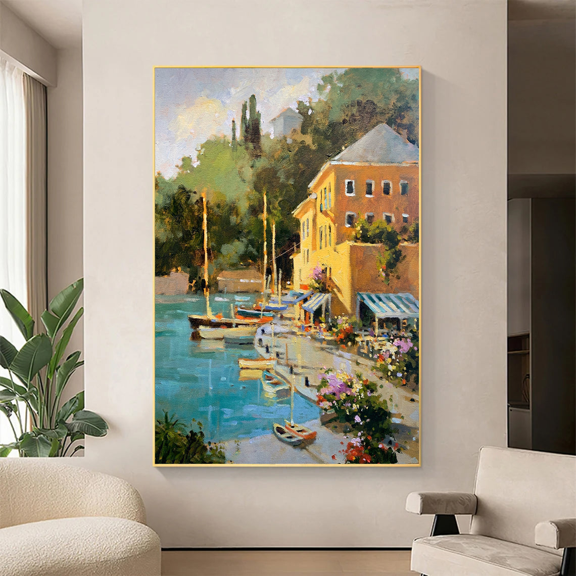 a living room with a painting of boats in the water