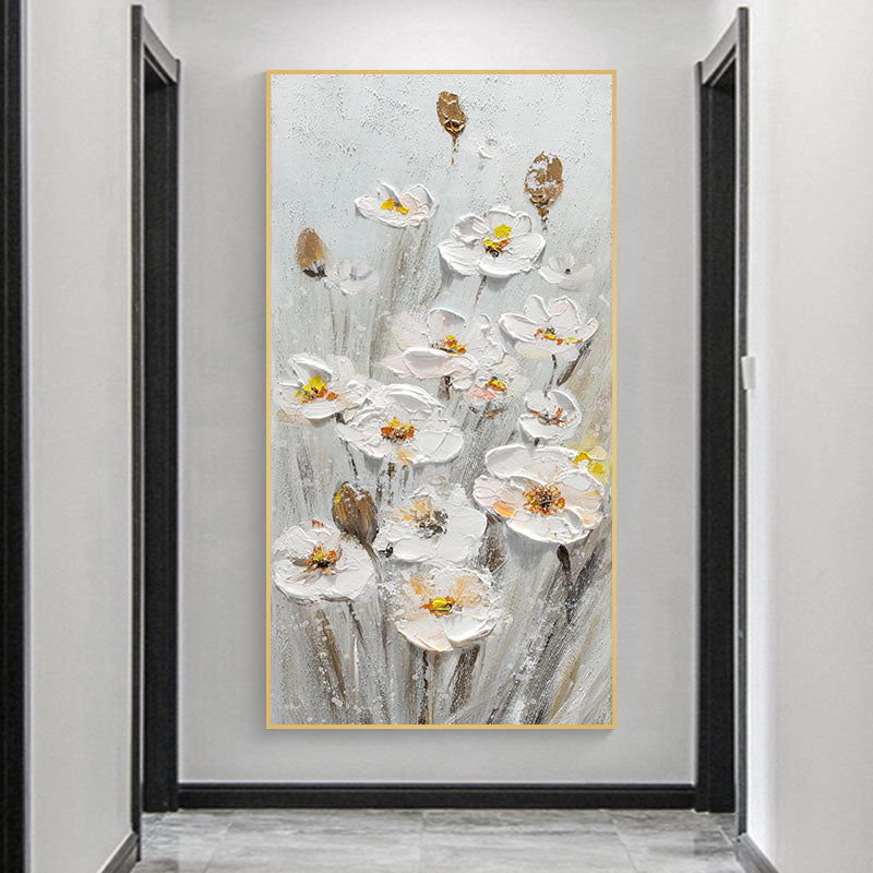 a painting of white flowers on a white wall