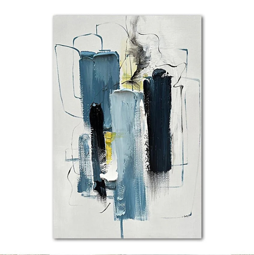 The image is an abstract painting featuring a variety of brushstrokes in different colors, including blue, black, and yellow. The painting has a minimalist and modern aesthetic, with a focus on the interplay of lines and shapes.