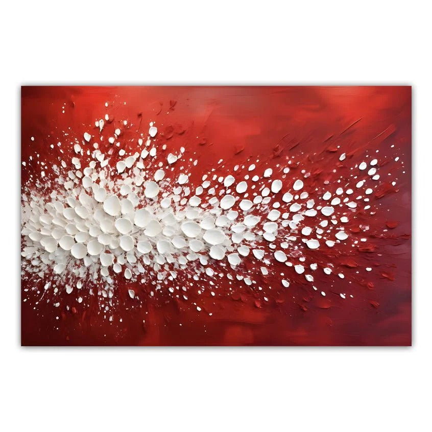 The image is a vibrant abstract painting with a bold red background and a scattering of white dots or shapes, creating a dynamic and energetic visual effect.