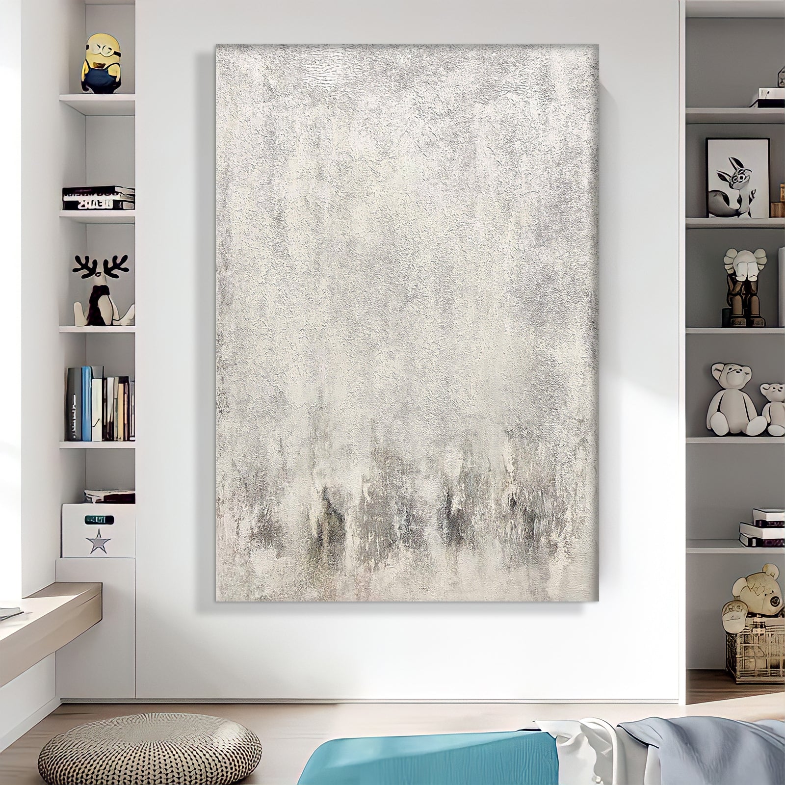 a large white painting on a wall in a room