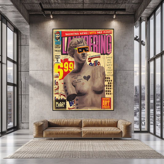a living room with a couch and a poster on the wall