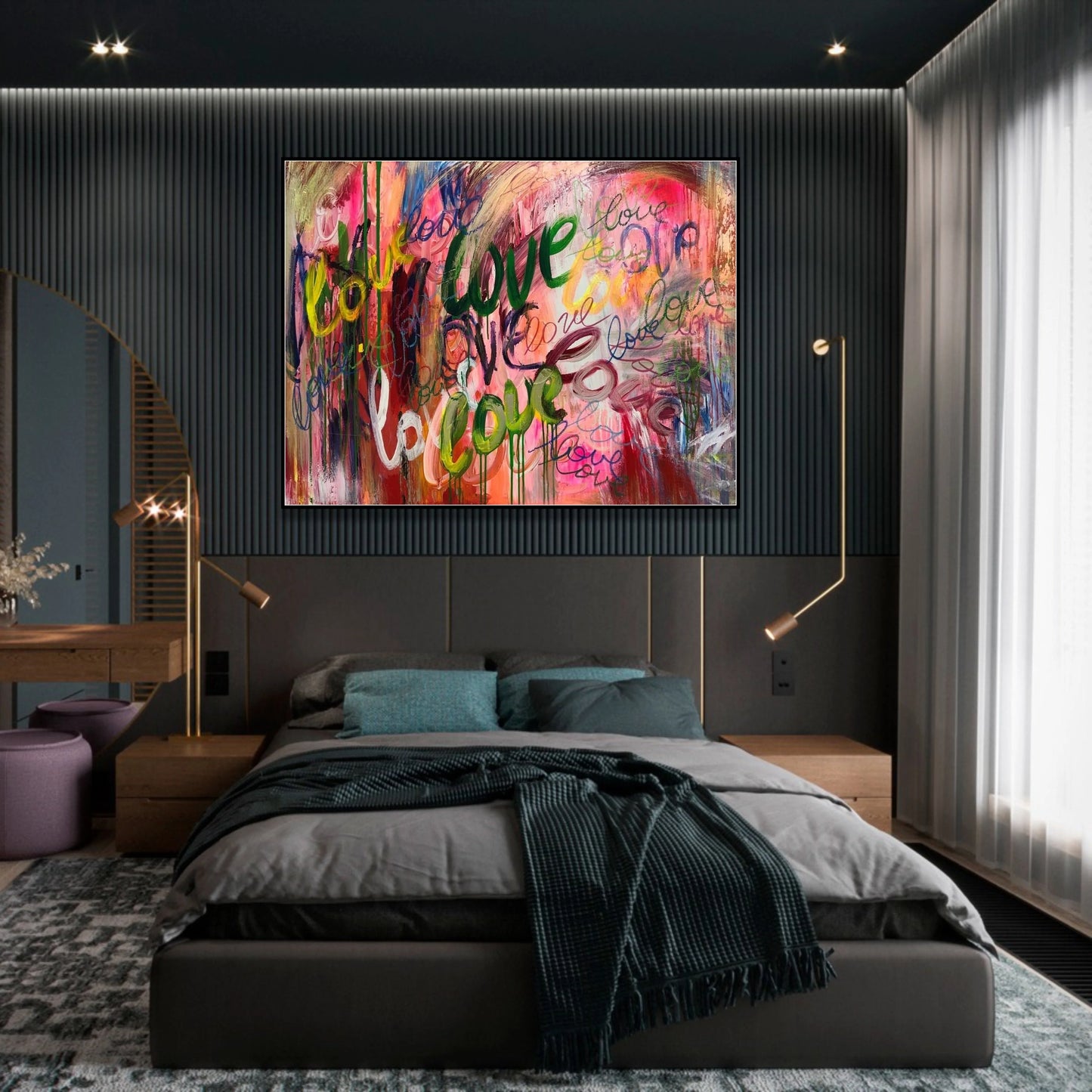 a modern bedroom with a large, colorful abstract painting hanging above the bed. The painting has a mix of pink, green, and yellow colors, creating a vibrant and lively atmosphere in the room.