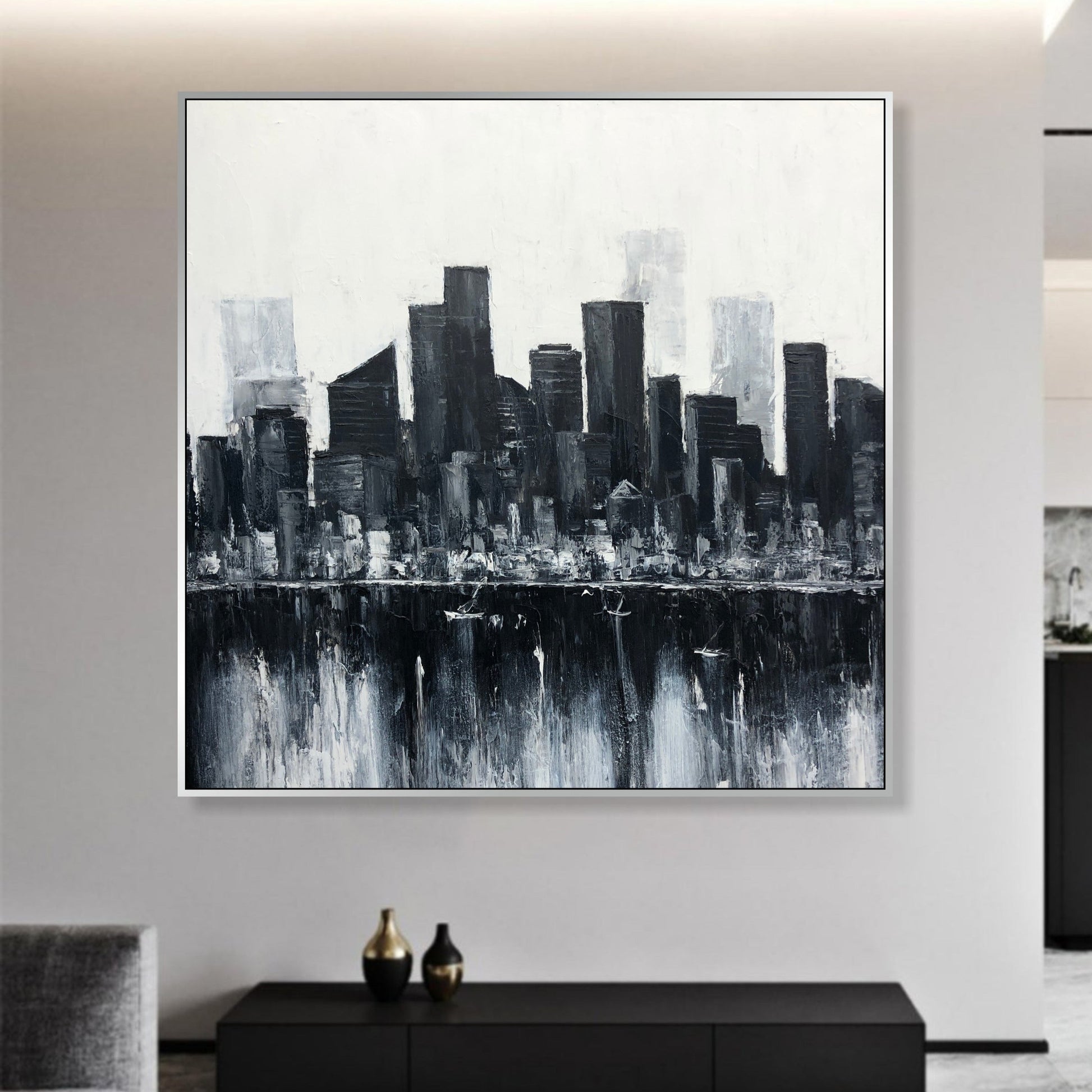 a black and white painting of a cityscape