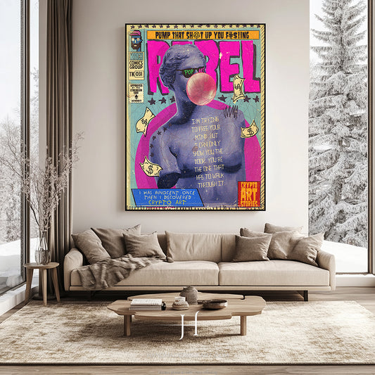 a living room with a couch and a large poster on the wall