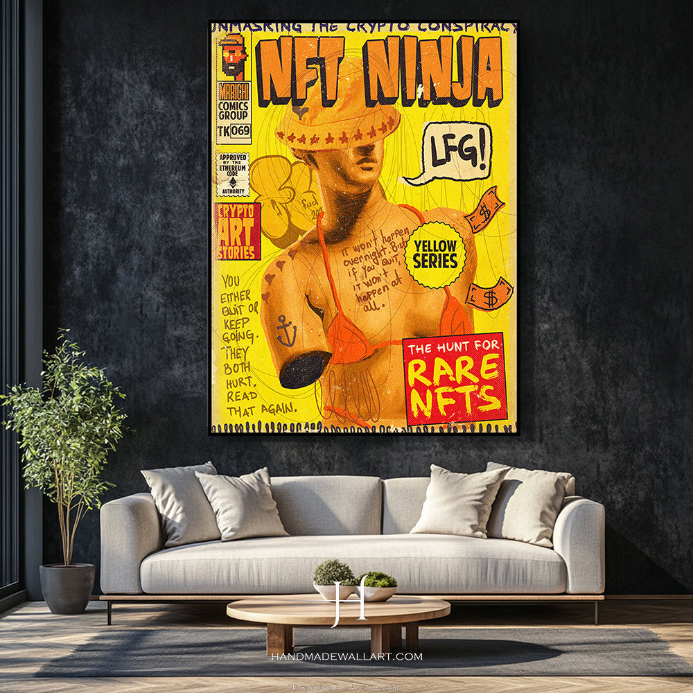 a living room with a couch and a poster on the wall