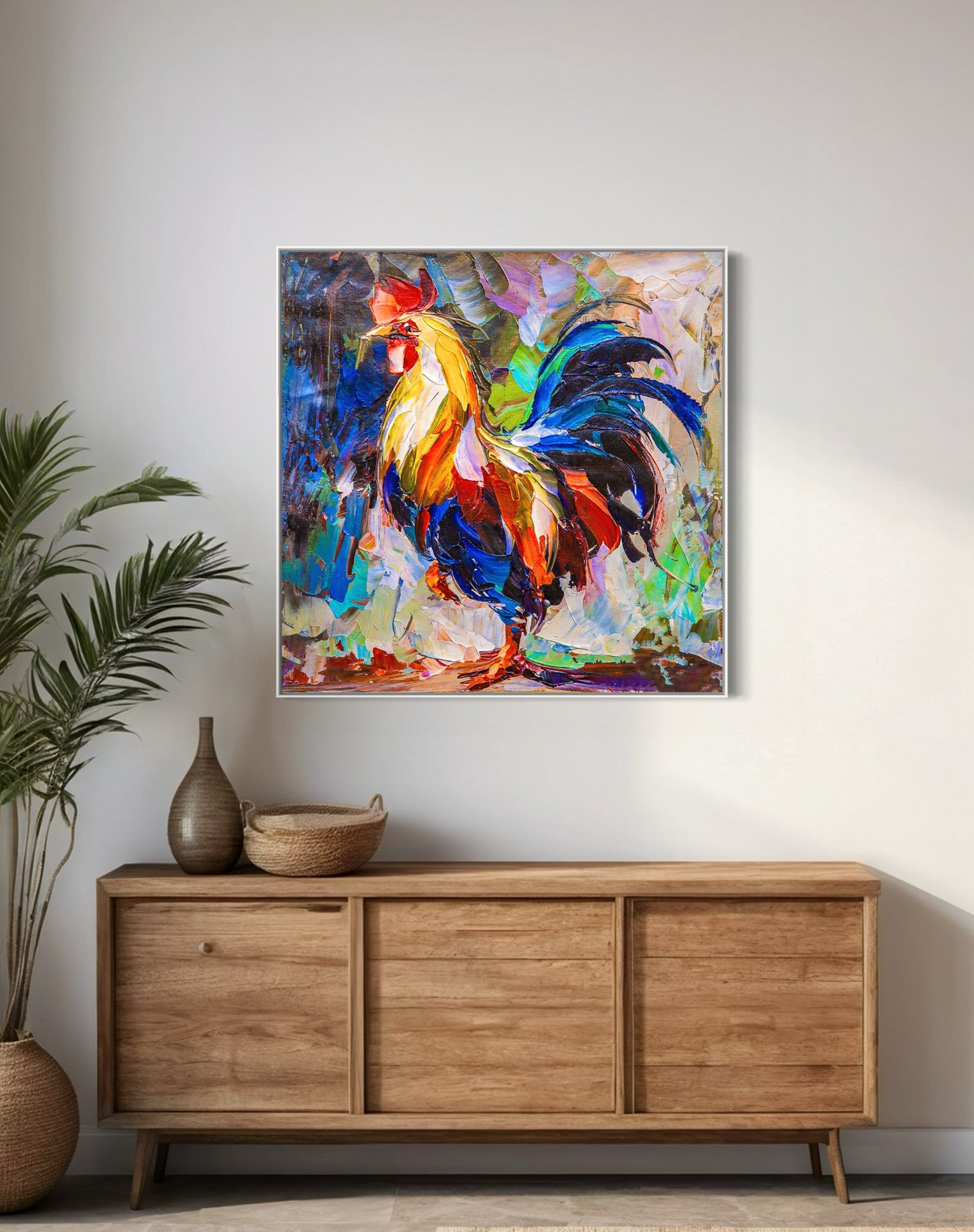 a painting of a rooster on a wall above a dresser