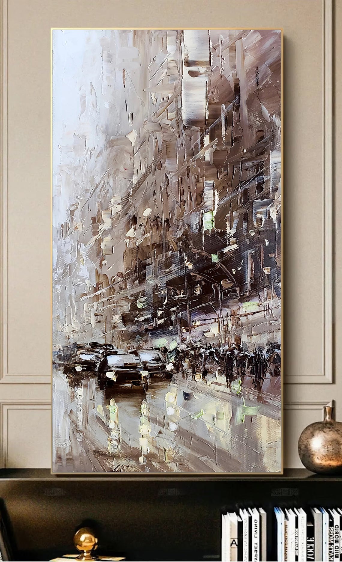 a painting of a city street with cars on it