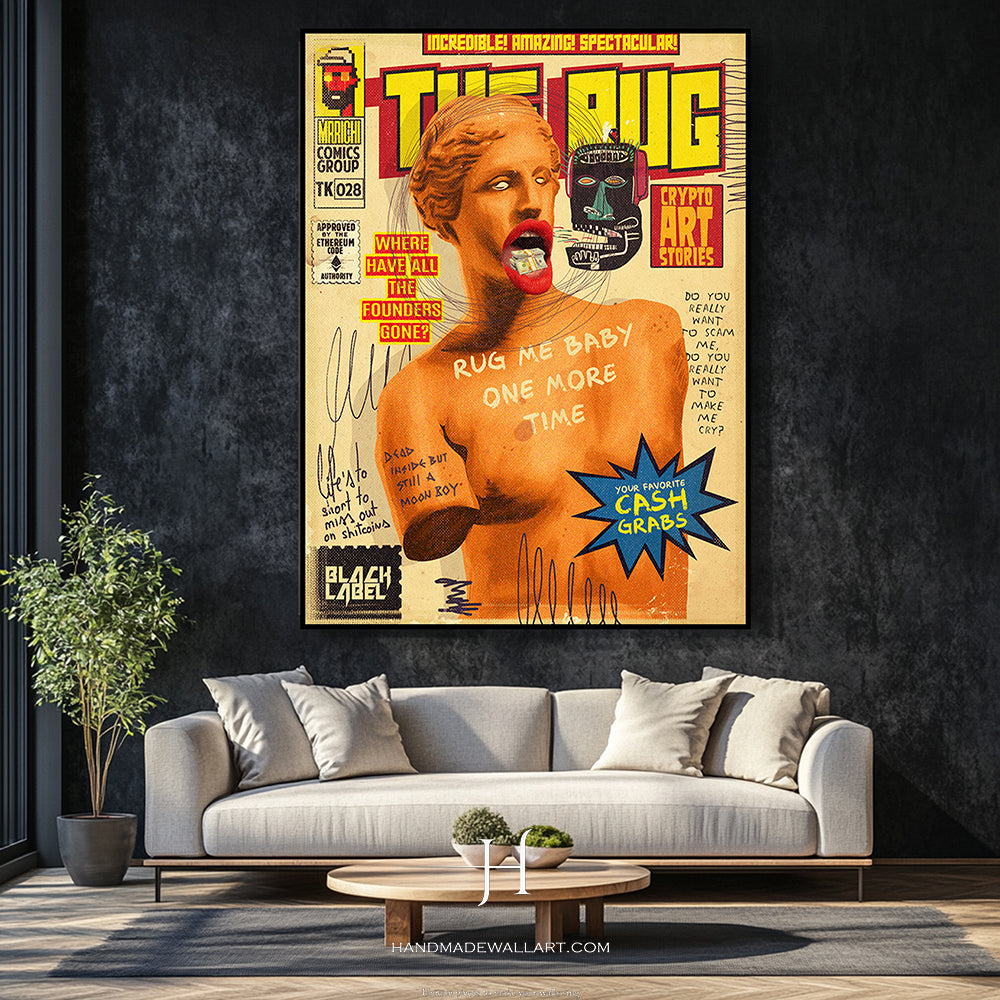 a living room with a couch and a painting on the wall