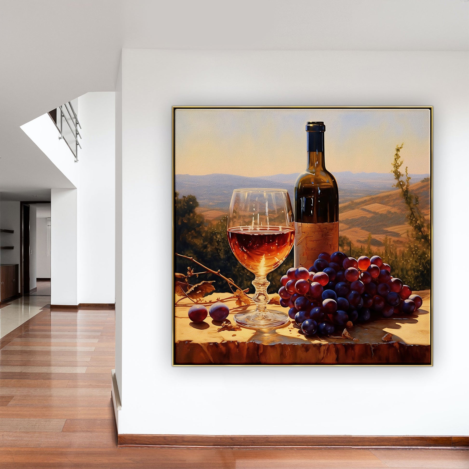 a painting of wine and grapes on a table