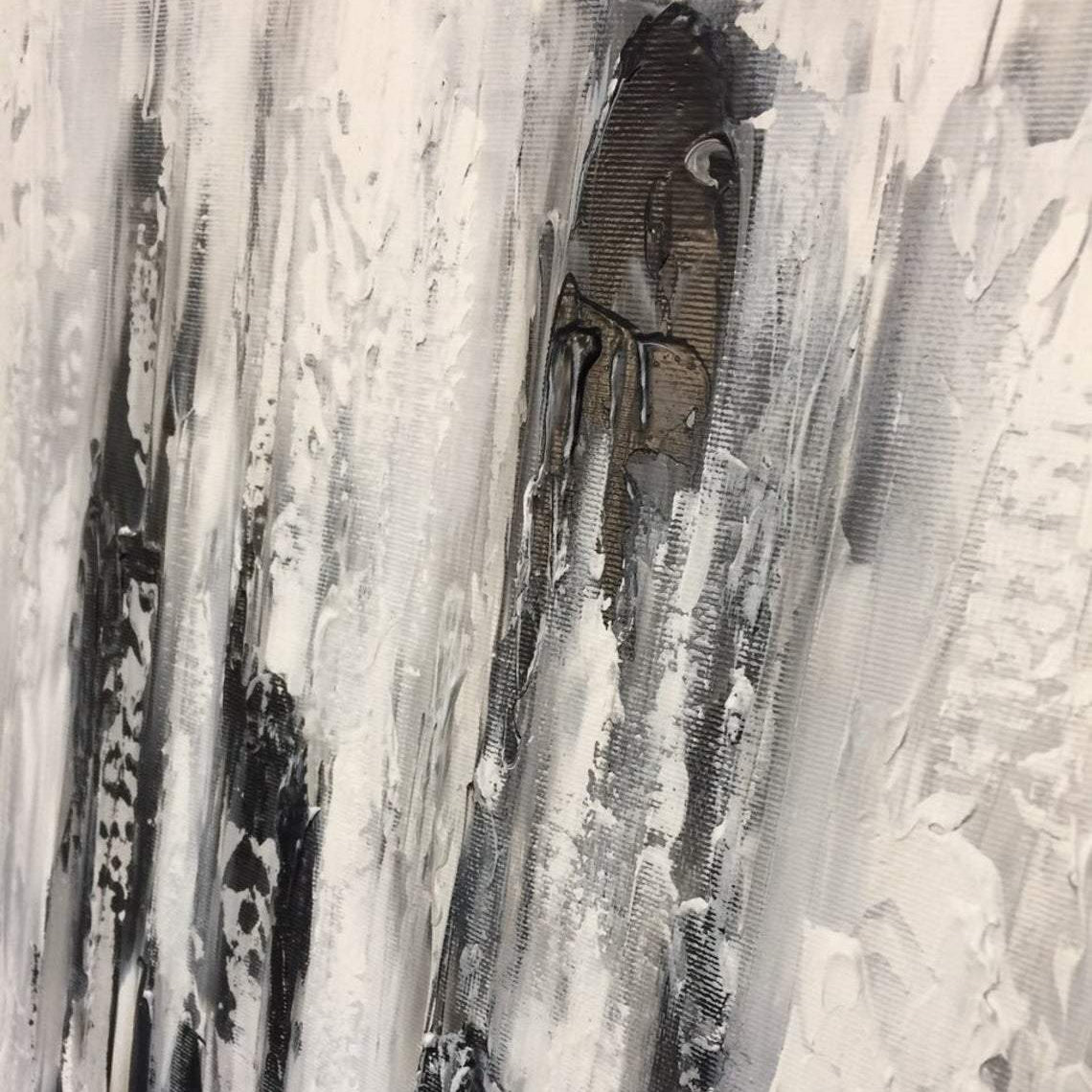 The image is a close-up of a textured surface with a black and white color scheme. The surface appears to be a canvas or a wall, with a pattern of vertical lines and splatters of white paint. The image does not contain any discernible objects or actions, and there are no specific details provided about the content or context of the image.