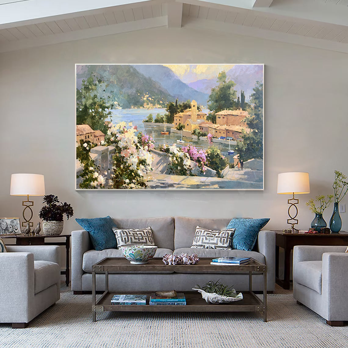 a living room filled with furniture and a painting on the wall