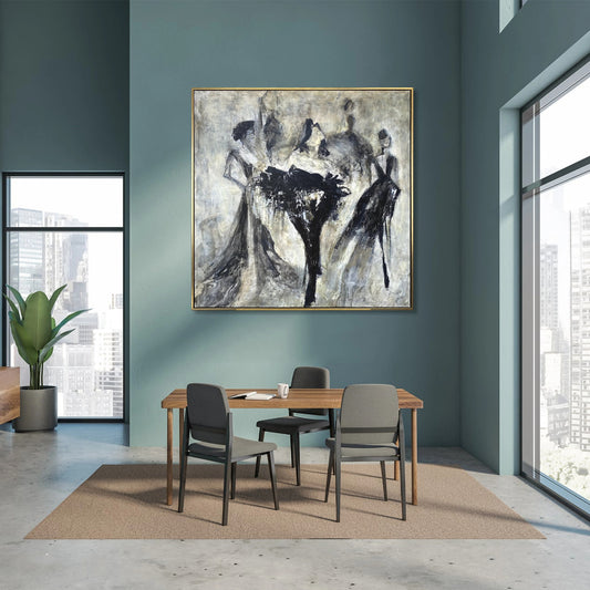 a modern dining room with a large abstract painting hanging on the wall above a wooden table with four chairs. The room has a minimalist and contemporary design, with a large window providing natural light and a view of the city.