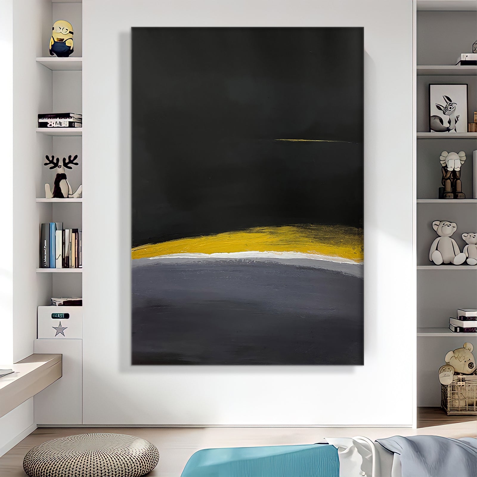 a black and yellow painting in a white room