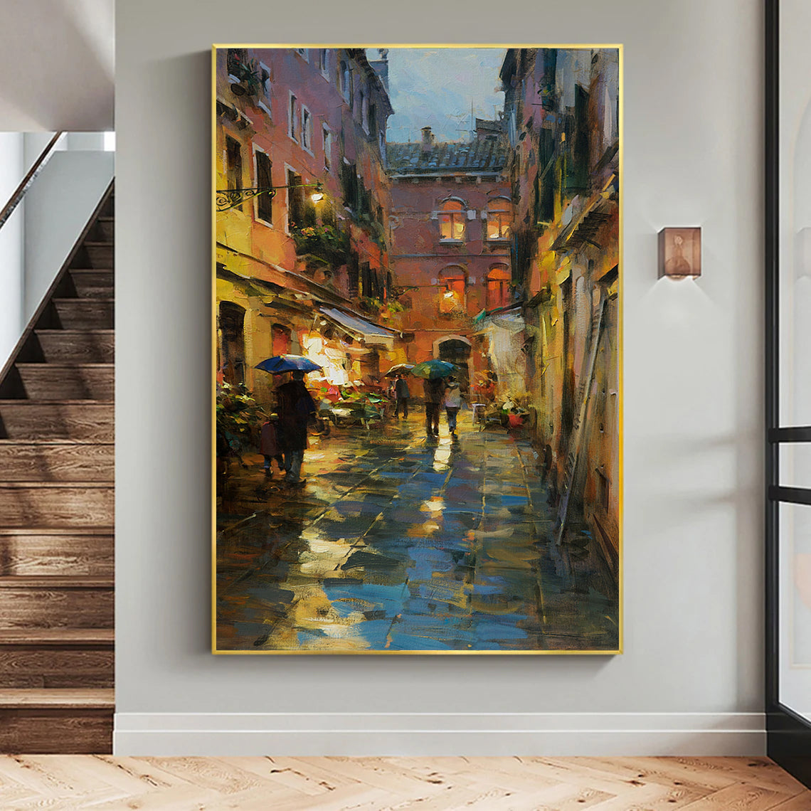 a painting of people walking down a street at night